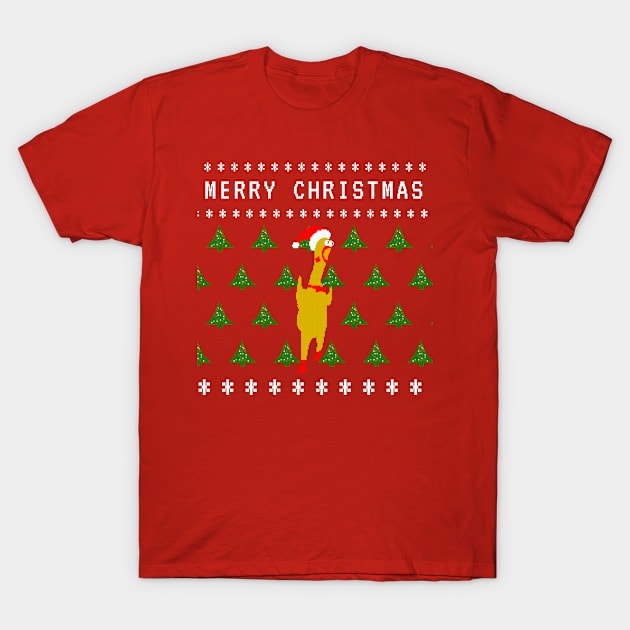 Christmas Pixel Art Ugly Sweater with Rubber Chicken T-Shirt by Licença Poética